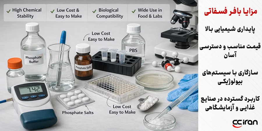 تصویر آزمایشگاهی از بافر فسفاتی و مزایای آن؛ شامل pH متر، بطریهای محلول PBS و نمکهای فسفاتی، لولههای آزمایش و تجهیزات رایج، با تأکید بر پایداری شیمیایی بالا، هزینه کم و سهولت تهیه و سازگاری زیستی